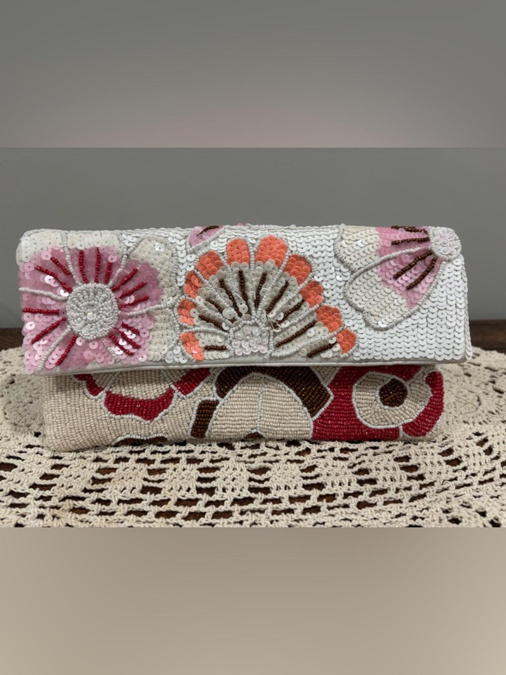 Embroidered Sequin Floral Clutch - White, Coral, Pink
